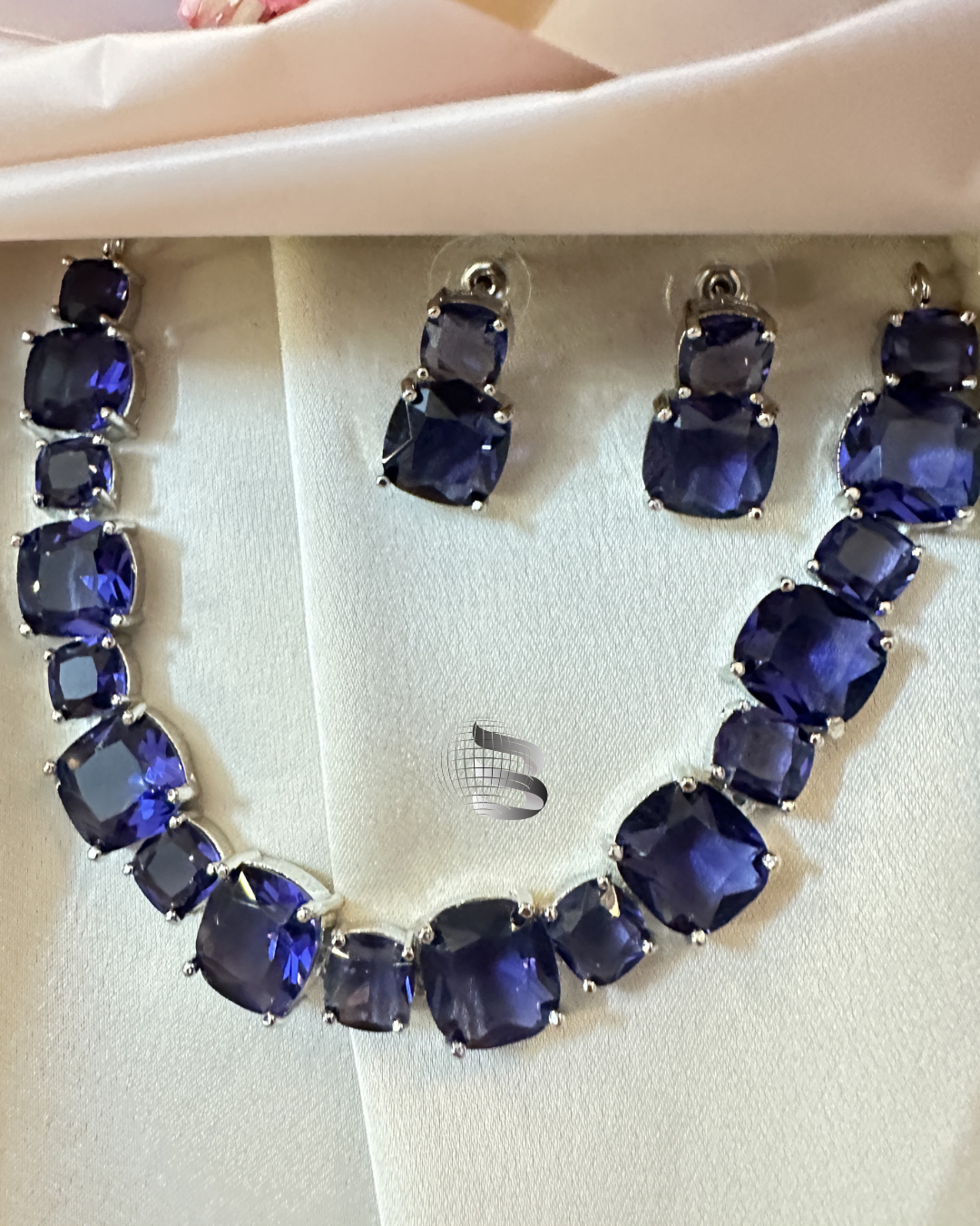 Silver Toned Square Shaped Bluish Purple Stone Necklace set