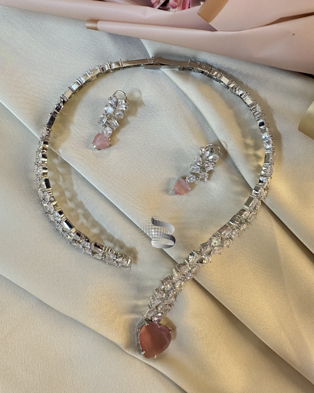 Heart Shaped Pink Stone and American Diamond Open Necklace Set