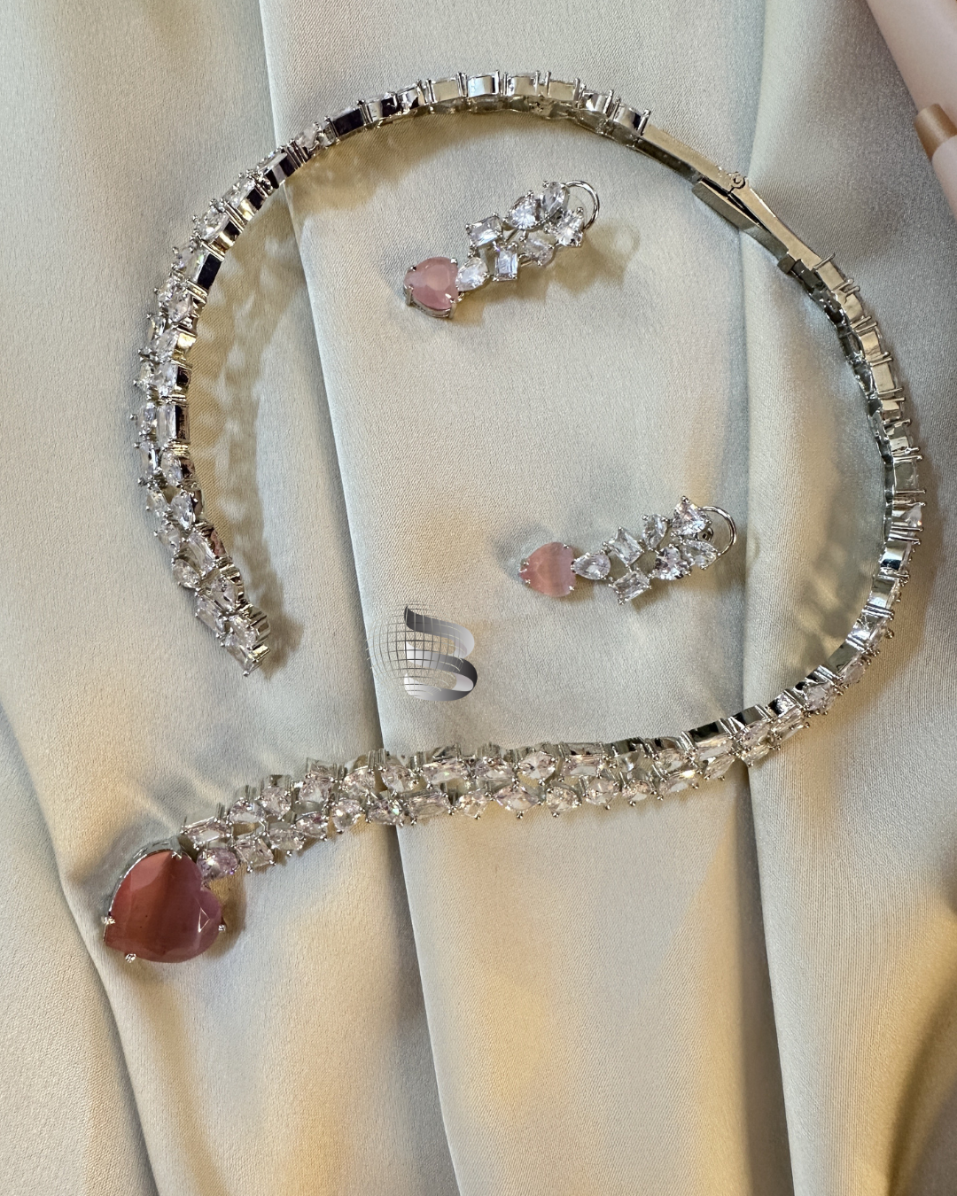 Heart Shaped Pink Stone and American Diamond Open Necklace Set