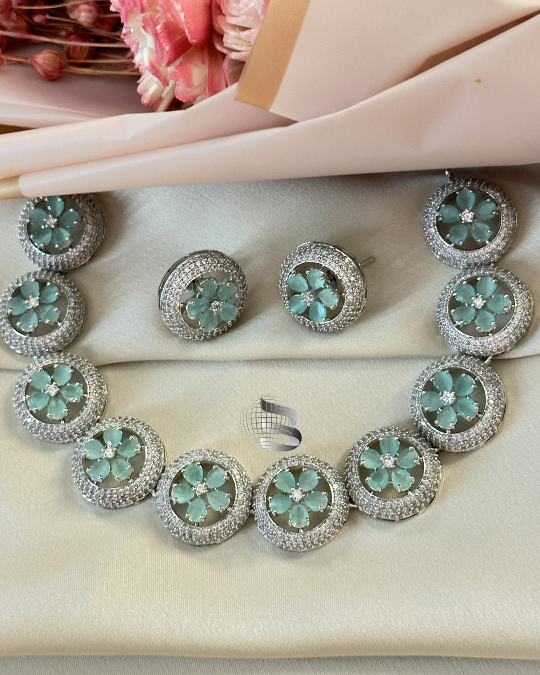 Silver Floral Nano Setting Mint American Diamond Necklace Set