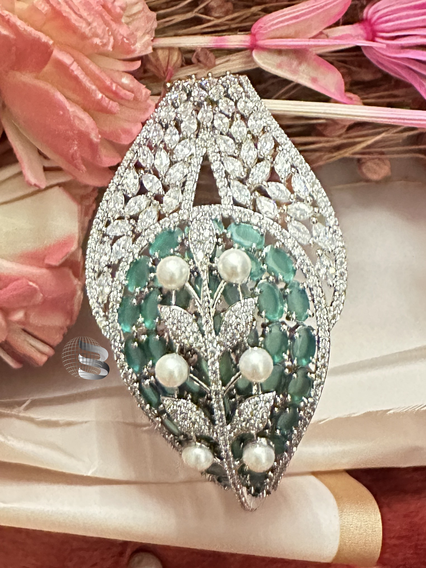Elegant Zirconia Bracelet with Mint Stone and Pearl Studded, Silver-Toned, New Design, Elegant Statement Jewelry for Women, Wrist Accessory, Gift for Any Occasion