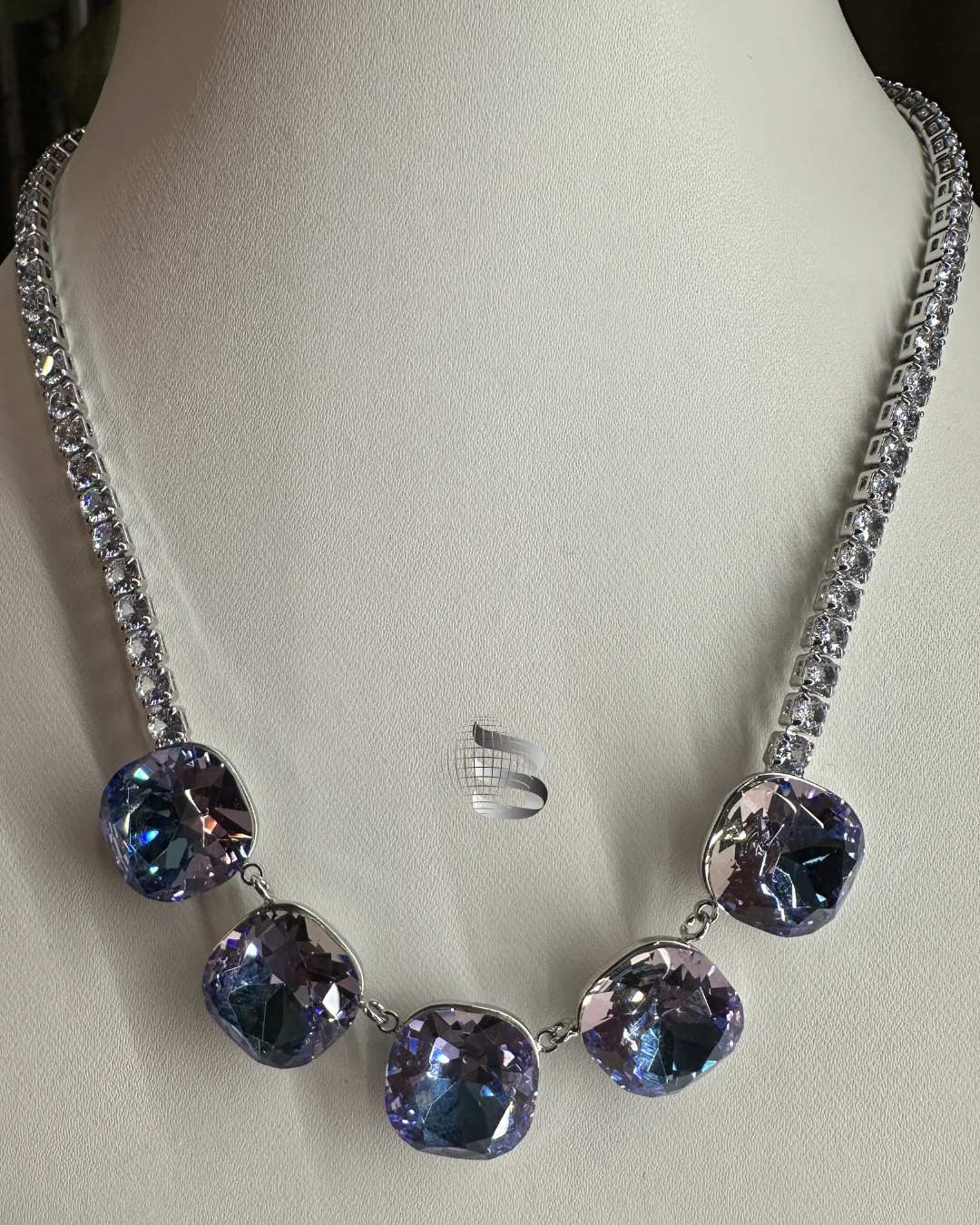 Blue Purple Square Shaped Stones studded American Diamond Necklace