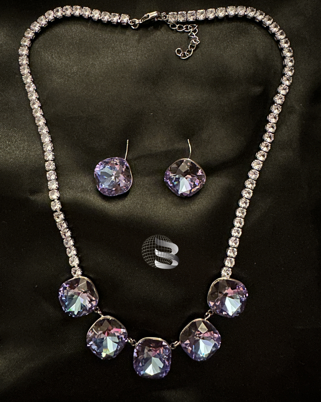 Blue Purple Square Shaped Stones studded American Diamond Necklace