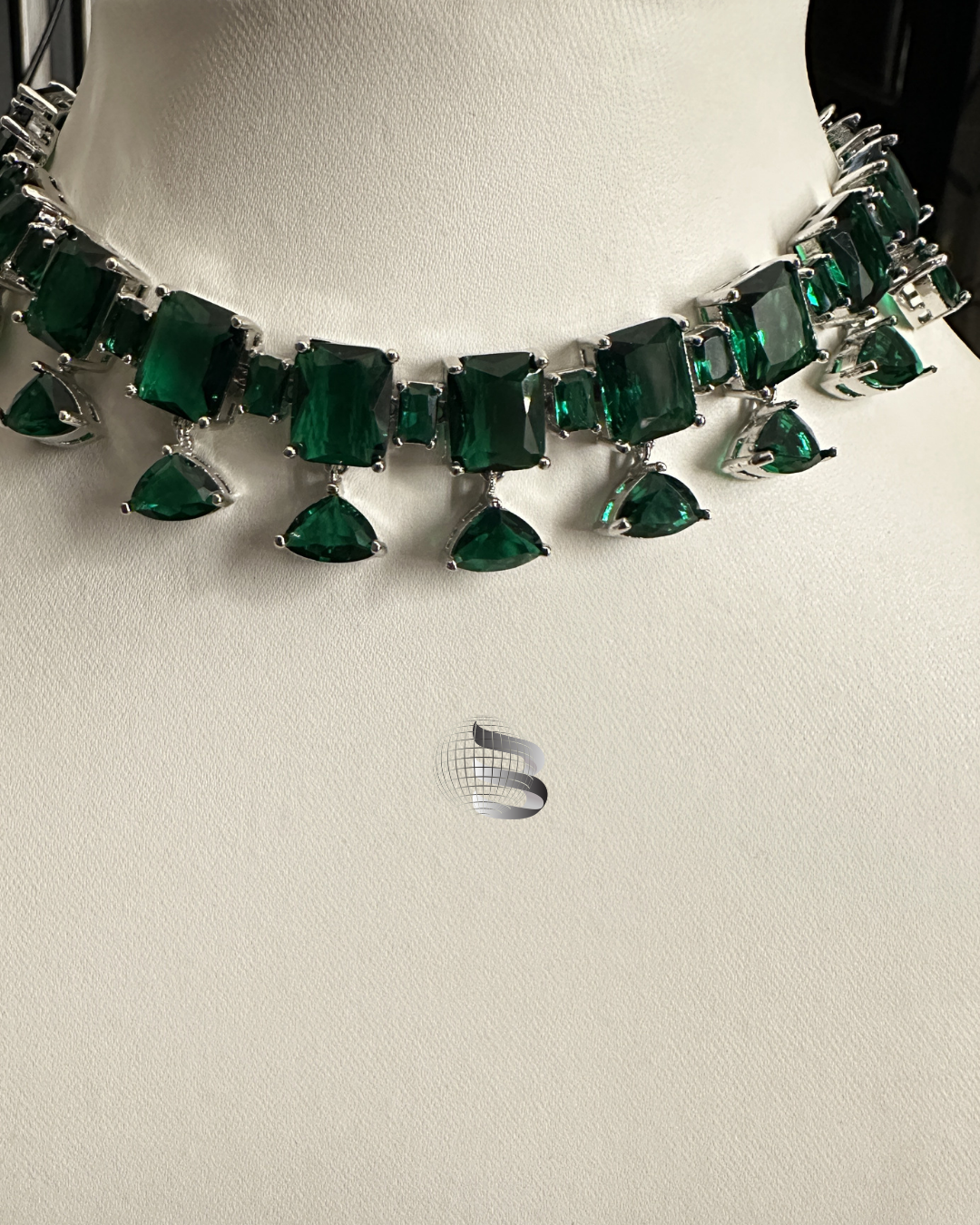 Silver Toned Emerald Square with Triangle Drops Necklace Set