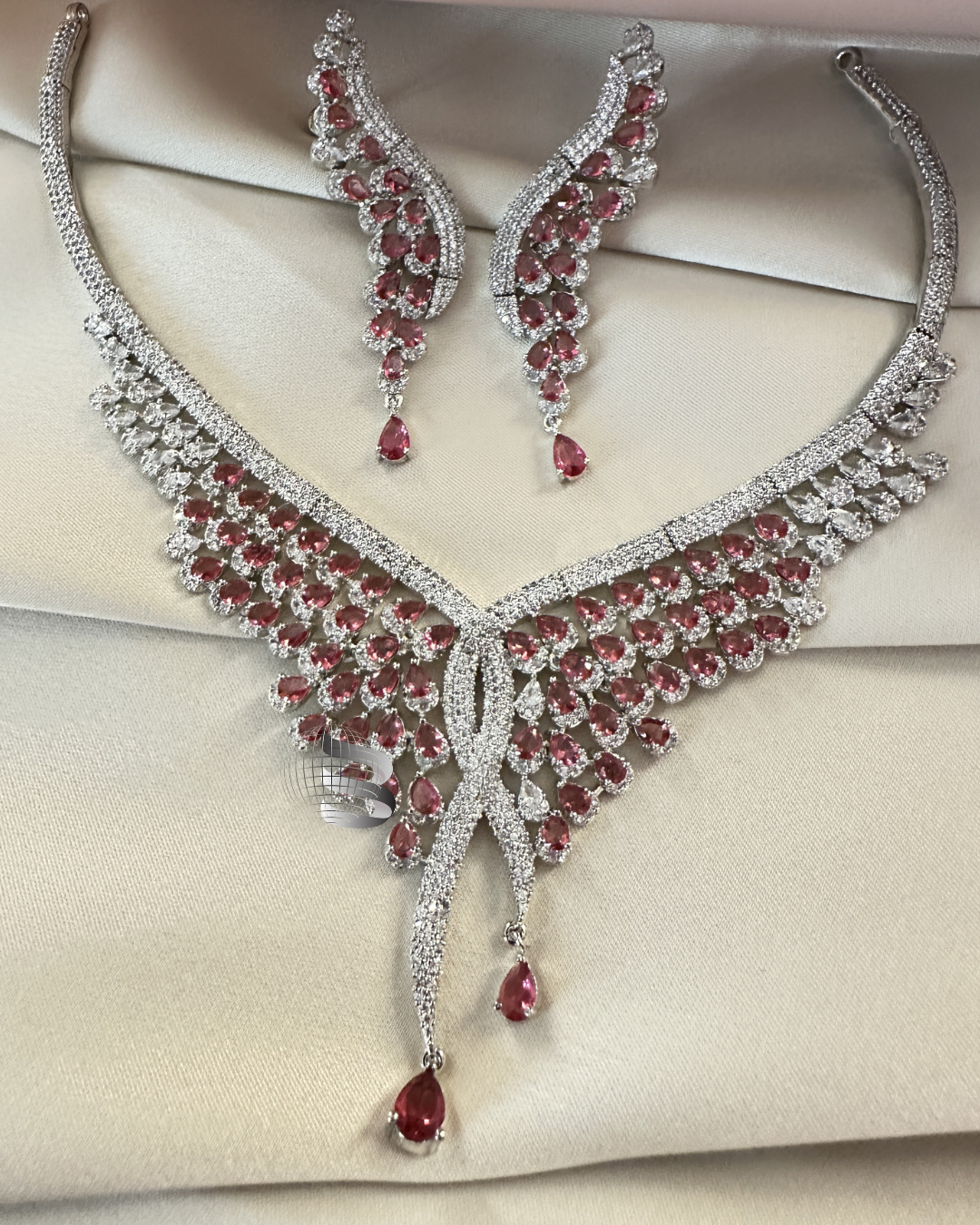 Dark Pink American Diamond Necklace Set