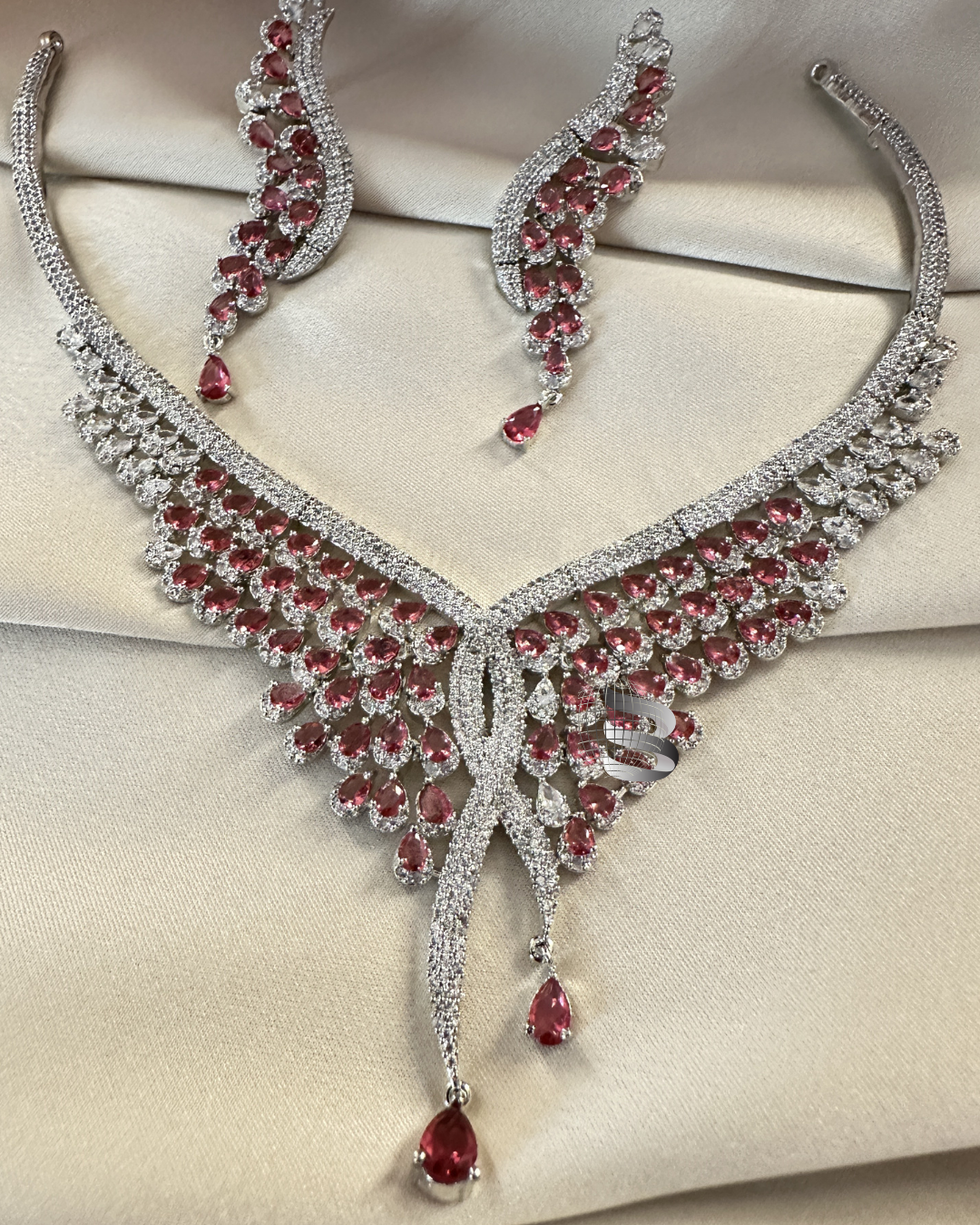 Dark Pink American Diamond Necklace Set