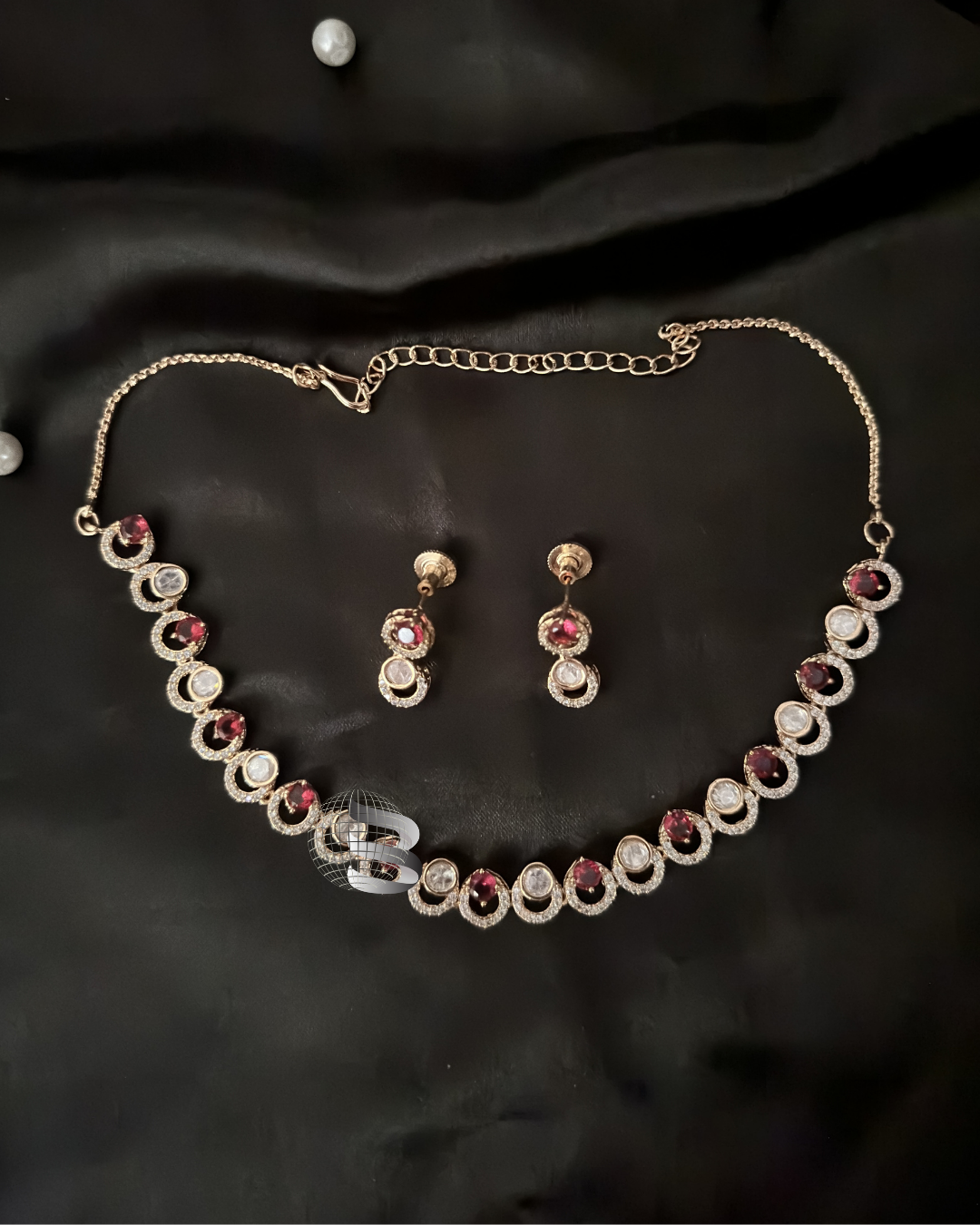 Rose Gold plated American Diamond and Dark Pink Stone Studded Necklace Set