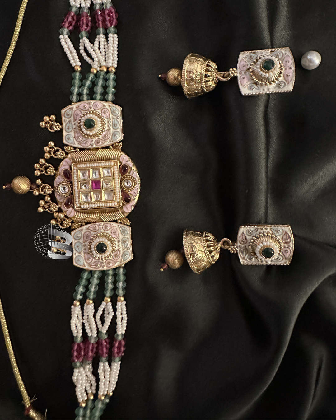Gold and Kundan Choker Set Green, Pink stone studded enamel and pearl work