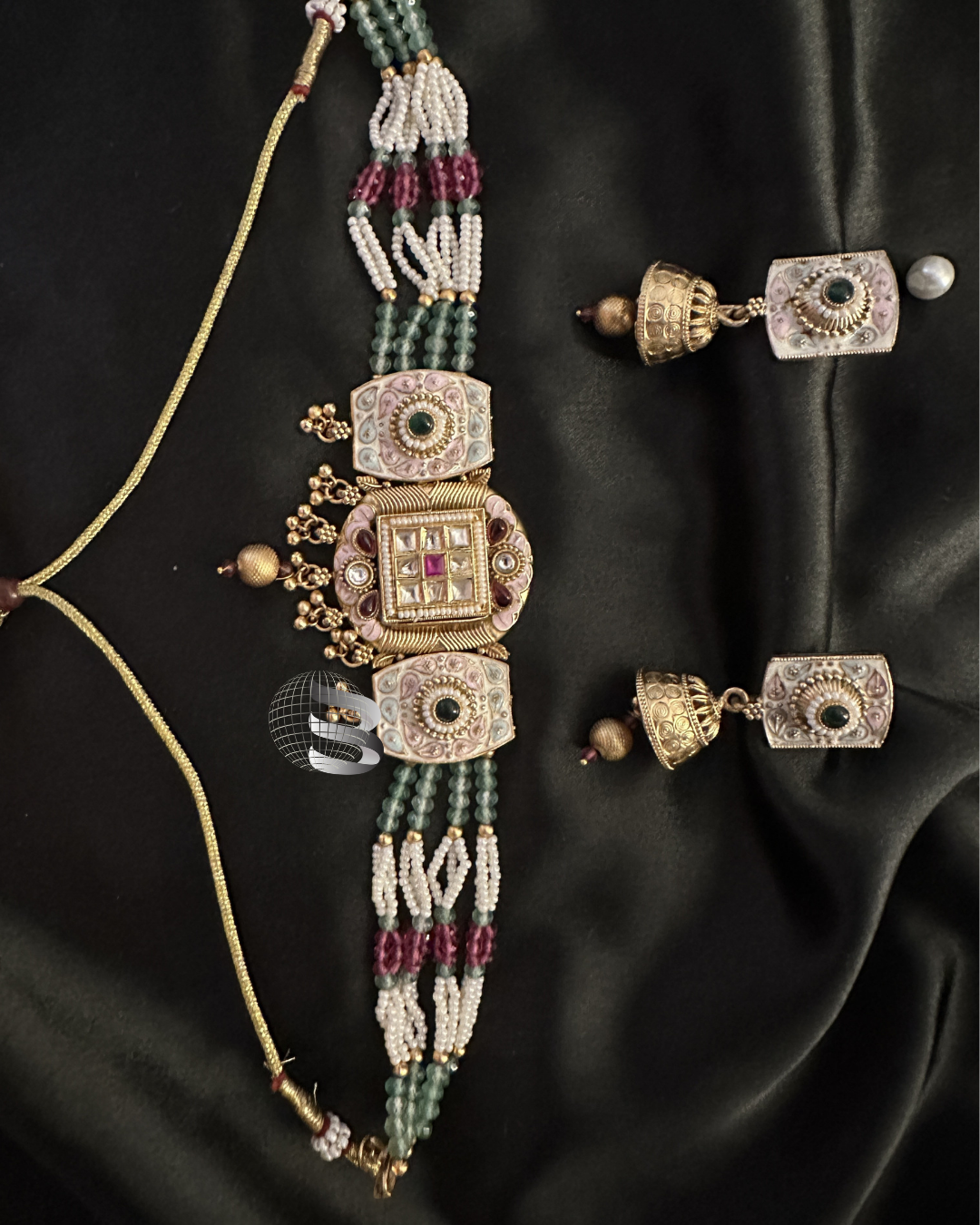 Gold and Kundan Choker Set Green, Pink stone studded enamel and pearl work