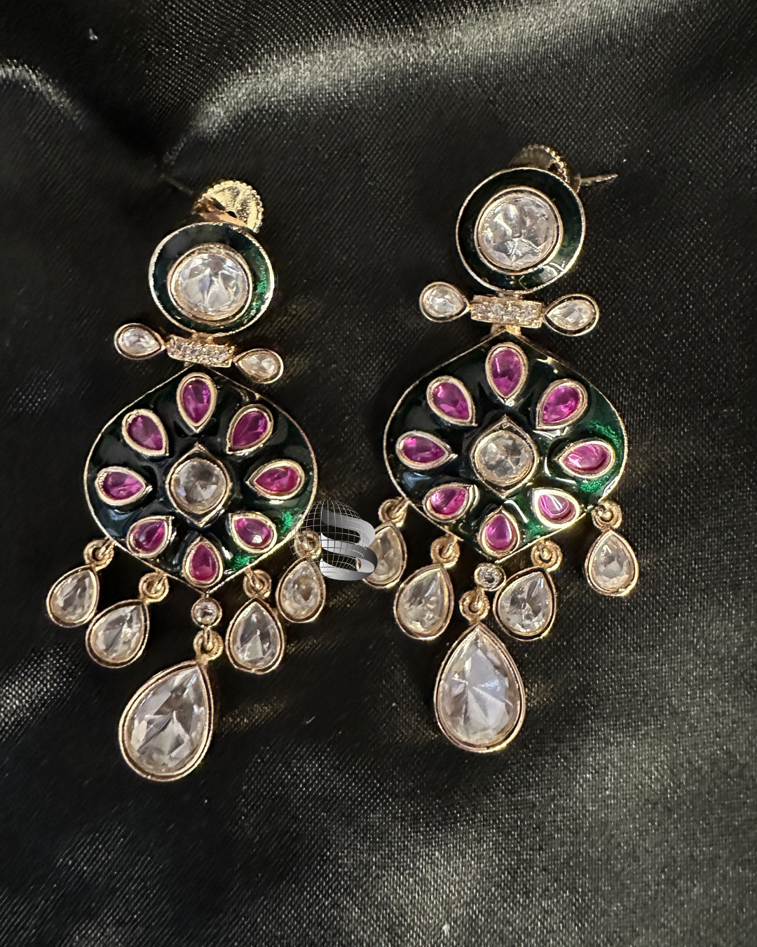 Gold Plated Kundan Green and Pink Meena Work Necklace and Choker Set
