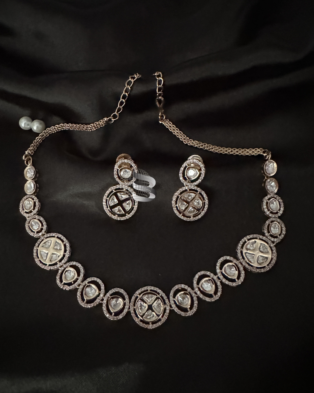 Rose Gold Plated Kundan and American Diamond Necklace Set