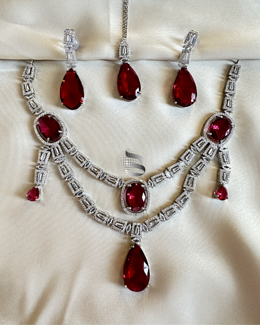 Silver Toned Dark Pink Stone Studded American Diamond Necklace Set