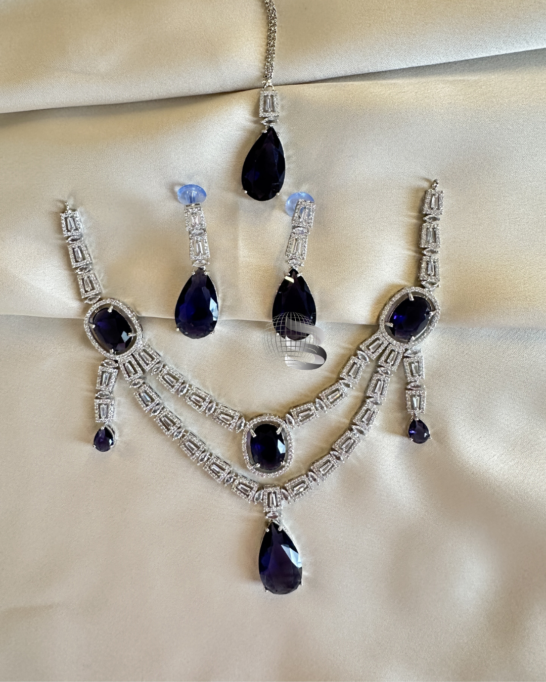 Silver Toned Purplish Blue Stone Studded American Diamond Necklace Set