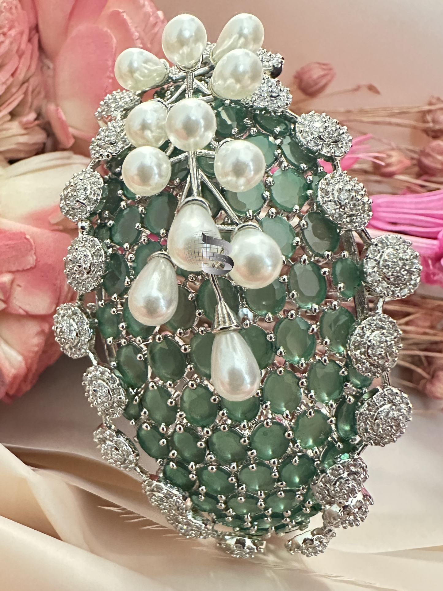 Silver Toned Mint Green Stones and American Diamonds Studded Adjustable Bracelet with 3D Pearl Work
