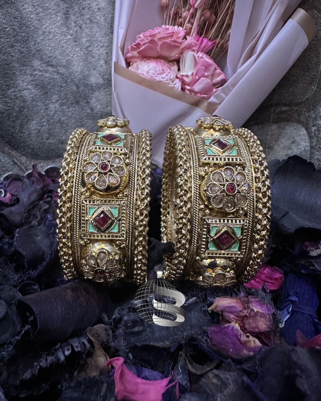 Red Stones Studded Enamel Golden Traditional Bangle Set
