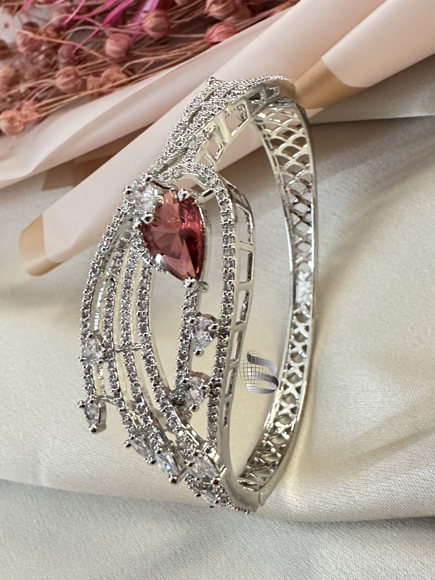 Rhodium Plated Ruby Red & Cubic Zirconia Studded Openable Premium Bracelet