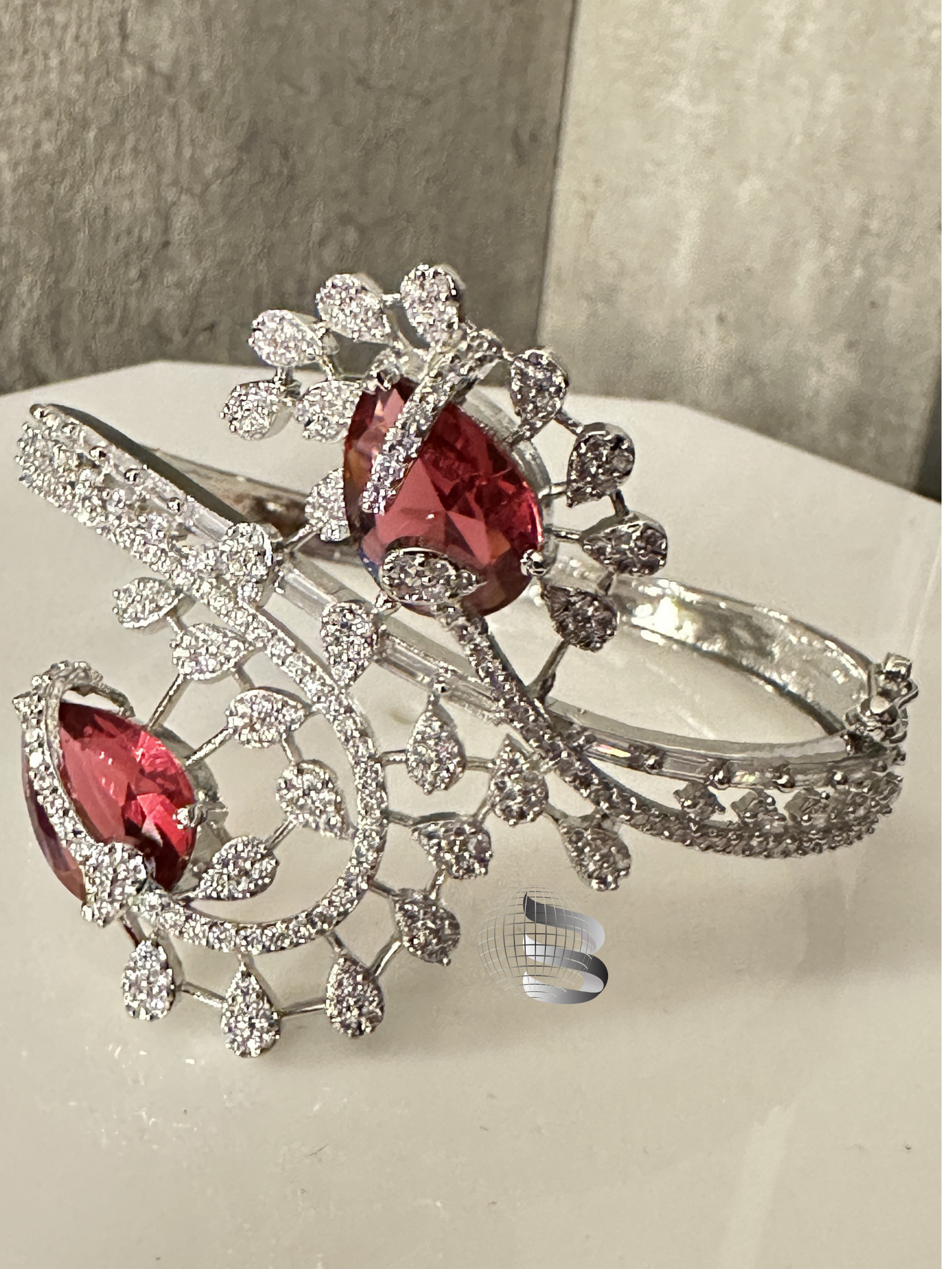 Silver Toned American Diamond Studded Rose Bud Patterned Kada Bracelet for Girls and Women