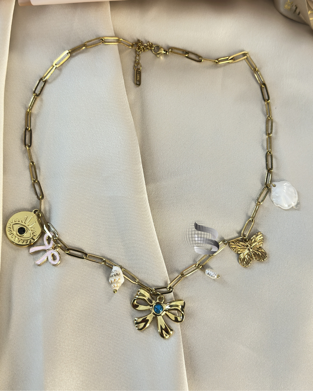 Anti-Tarnish Charm Necklace – Bow, Evil Eye & Butterfly Charms – For Girls & Women