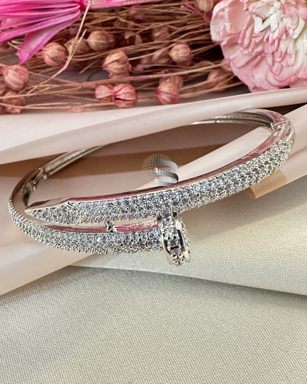 Rhodium-Plated Brass Cubic Zirconia Bangle-Style Bracelet