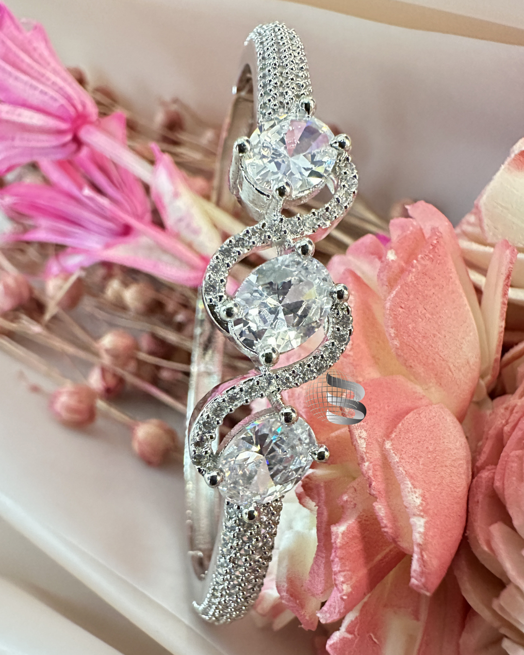 Rhodium-Plated Brass Cubic Zirconia Bangle-Style Bracelet