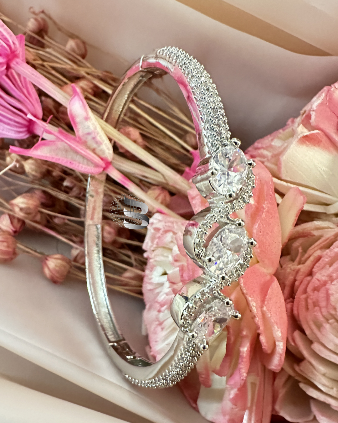 Rhodium-Plated Brass Cubic Zirconia Bangle-Style Bracelet