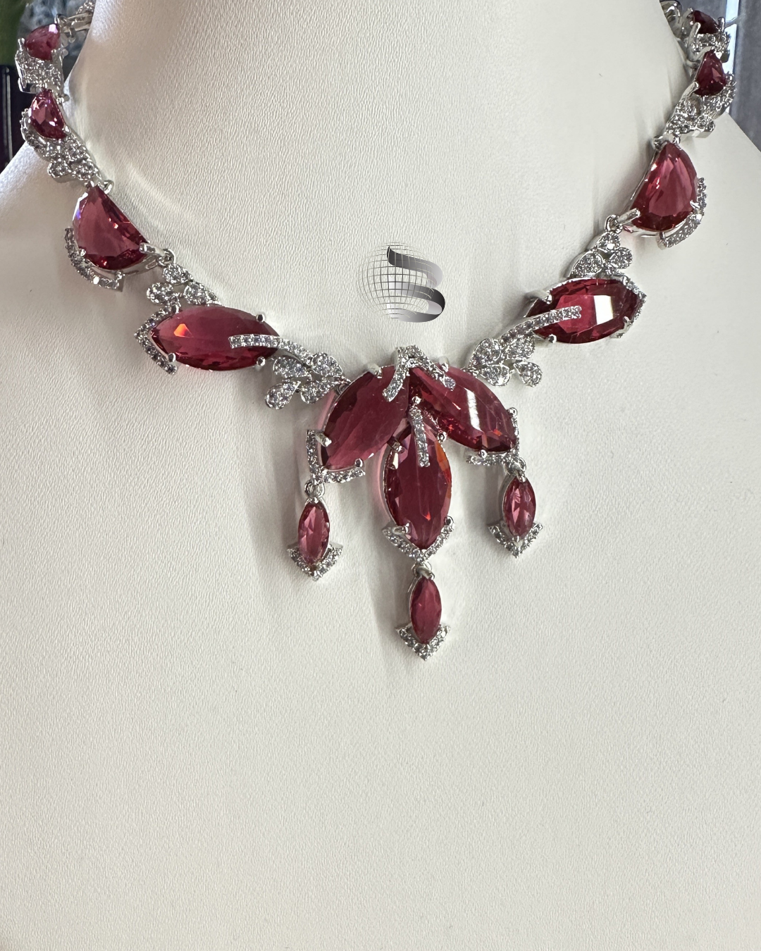 Dark Pink American Diamond Necklace Set