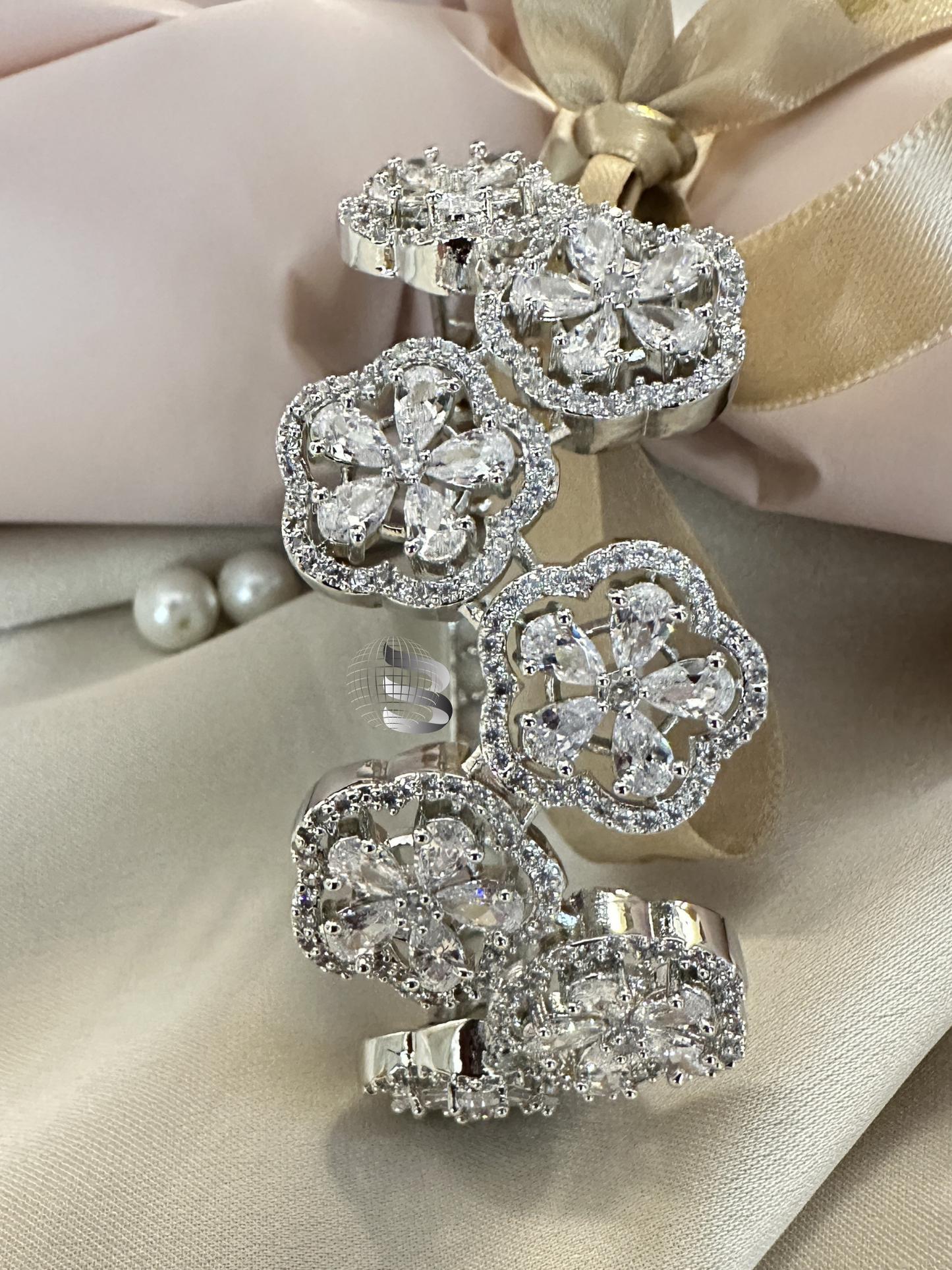 Silver Tone Floral Artistically Designed Celebrity Inspired American Diamond Bracelet for Girls and Women