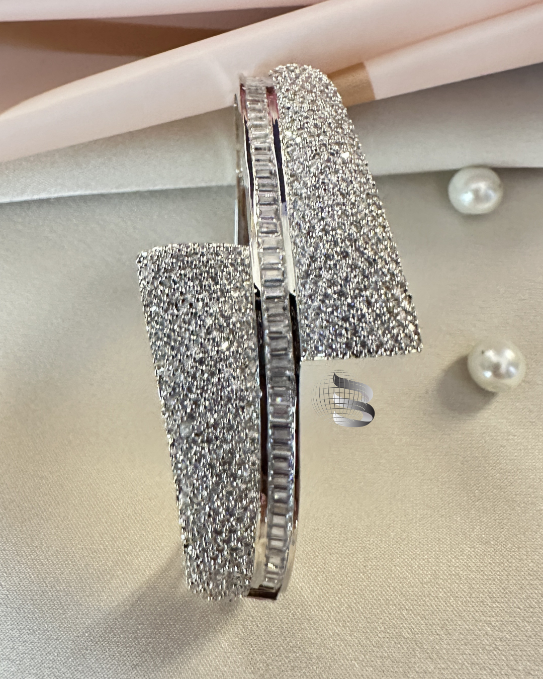 Rhodium-Plated Brass Cubic Zirconia Bangle-Style Bracelet