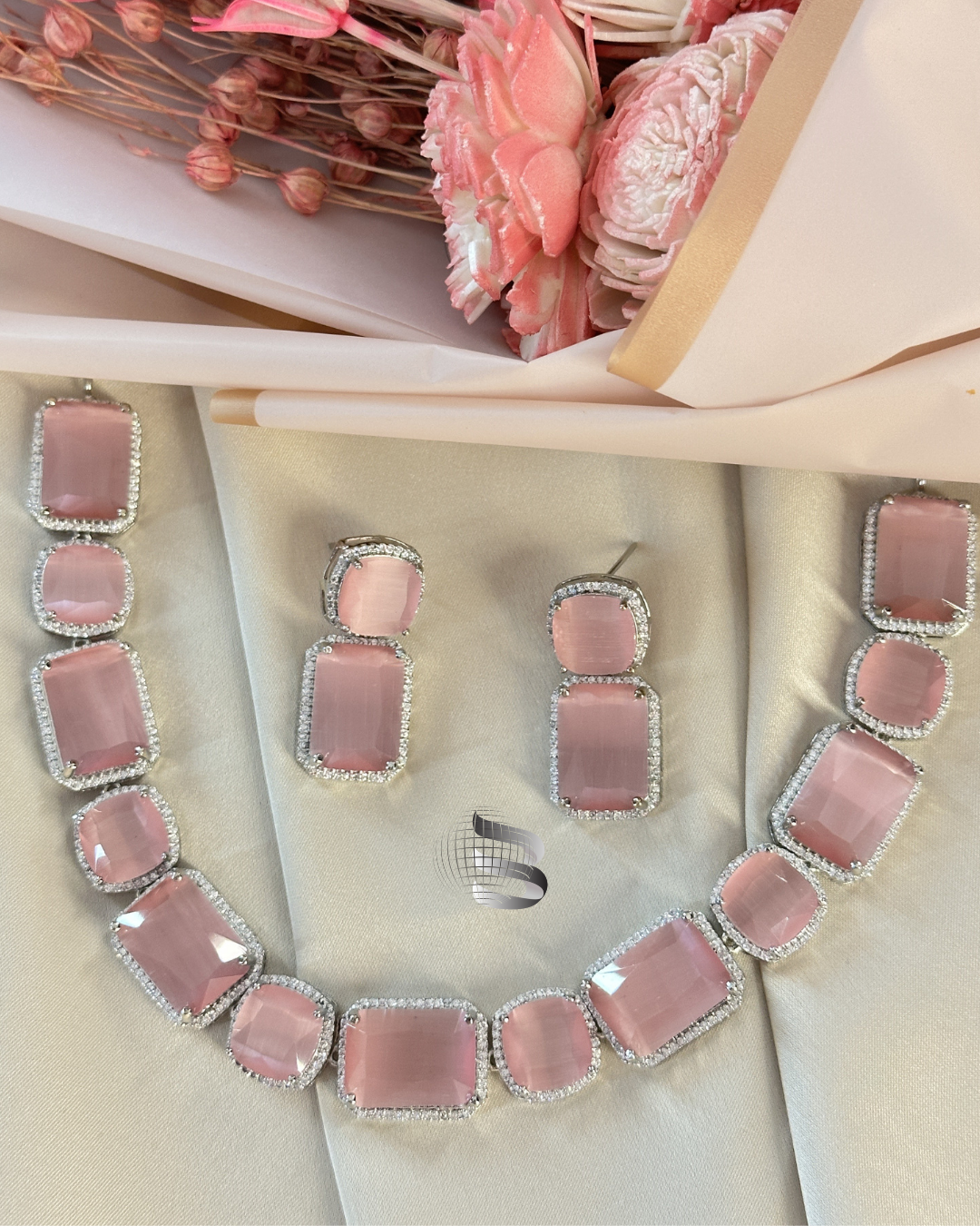 Square Shaped Silver Toned American Diamond Light Pink Stone Studded Necklace with Earring Jewellery Set For Women