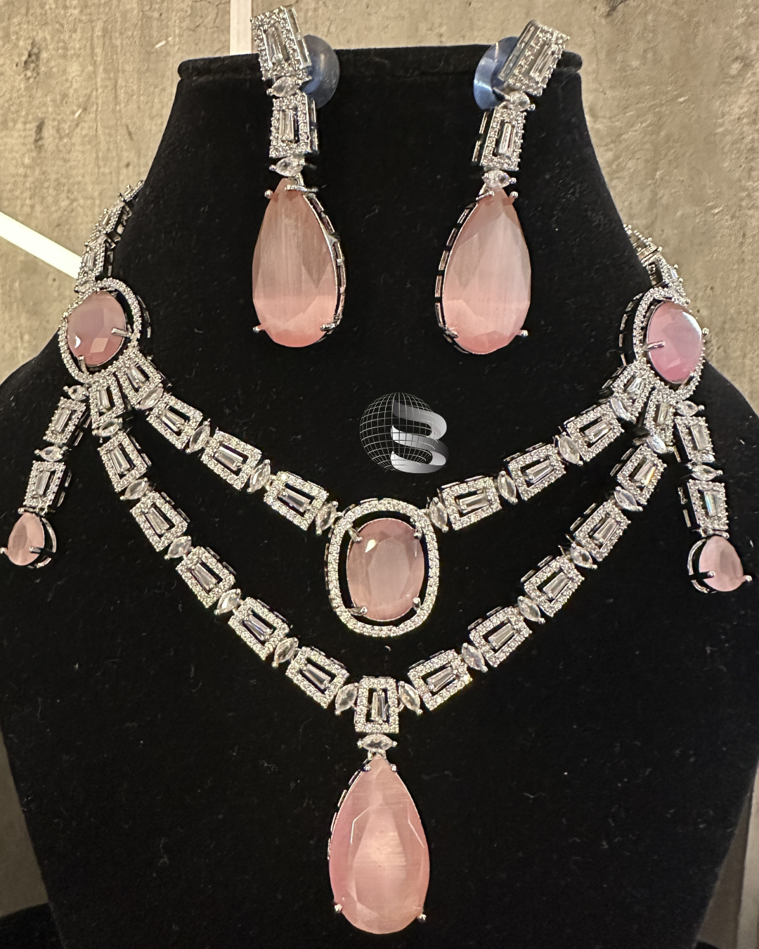 American Diamond Light Pink Stone Studded drop style women necklace set