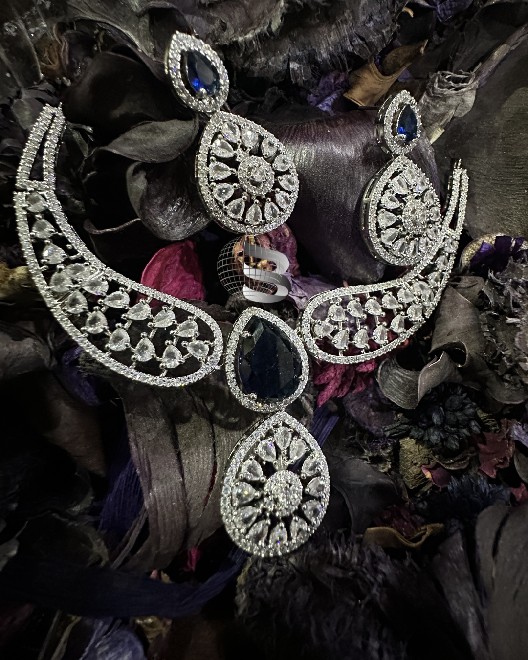 Blue Stone Centrepiece American Diamond Necklace Set