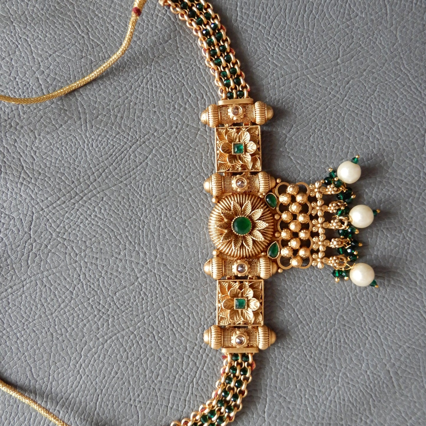 Golden Green Stone Studded Stylish Pearl Drop Choker Set with Earrings