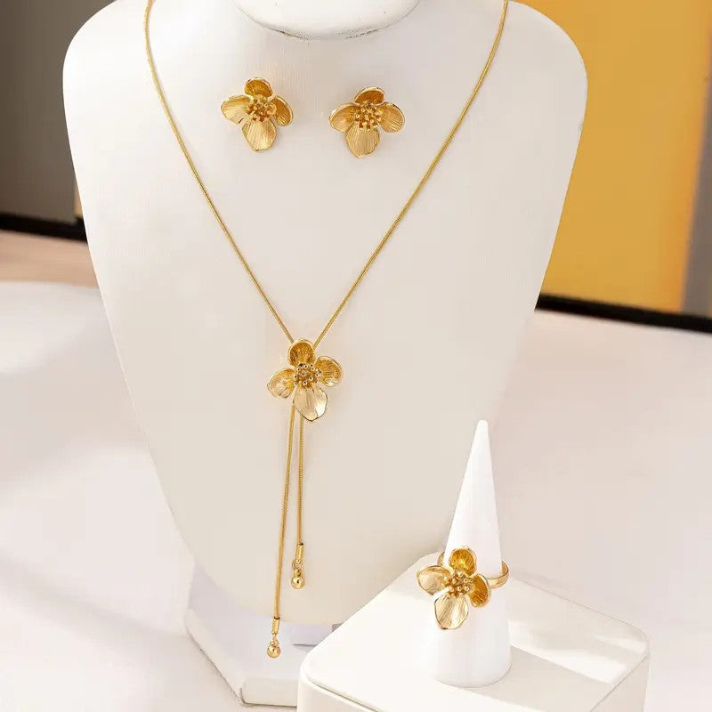 Unique Floral Pendant Set with Ring and Stud Earrings