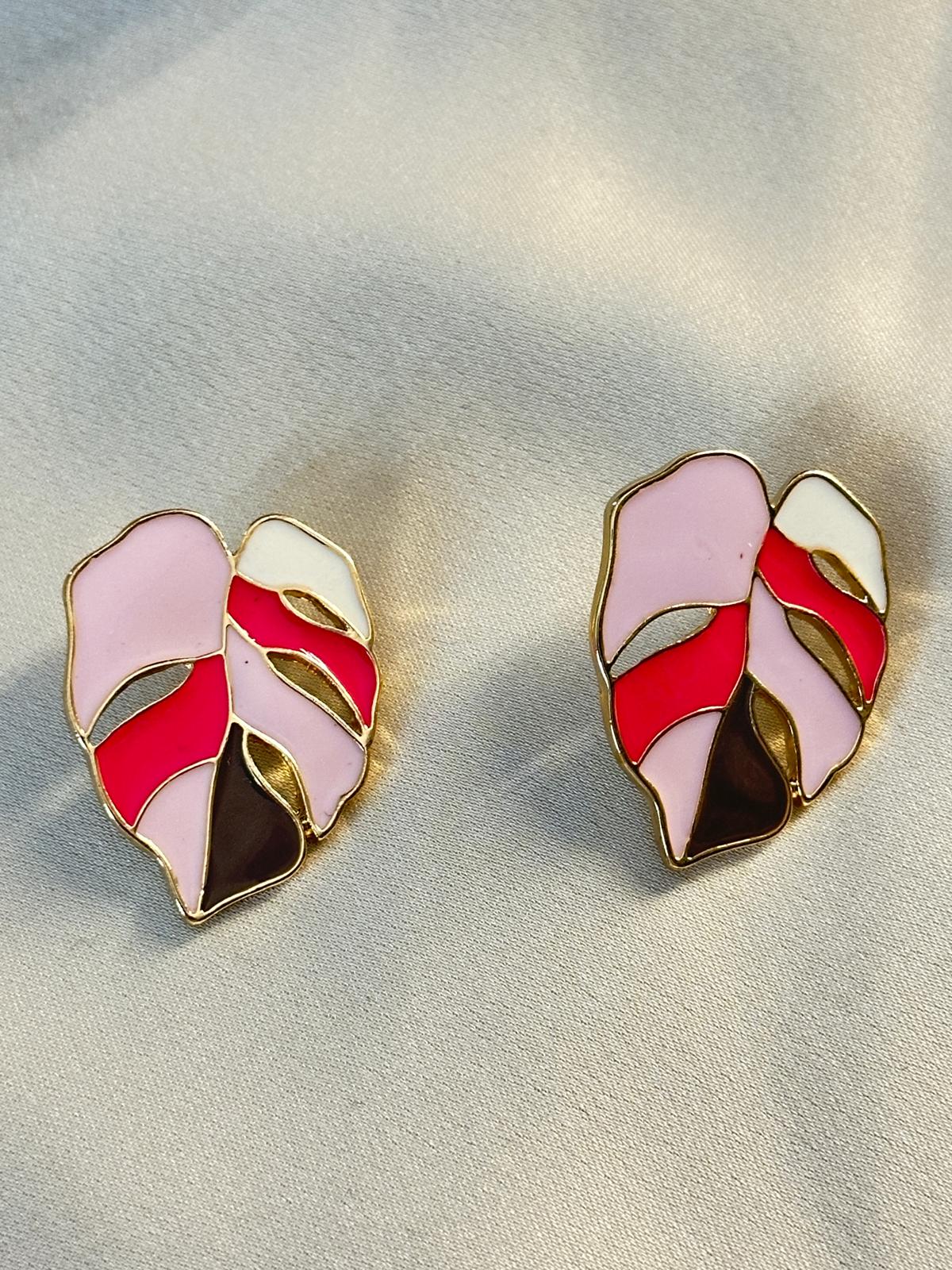 Sunning Leaf Design Metal Enamelled Pink Earrings