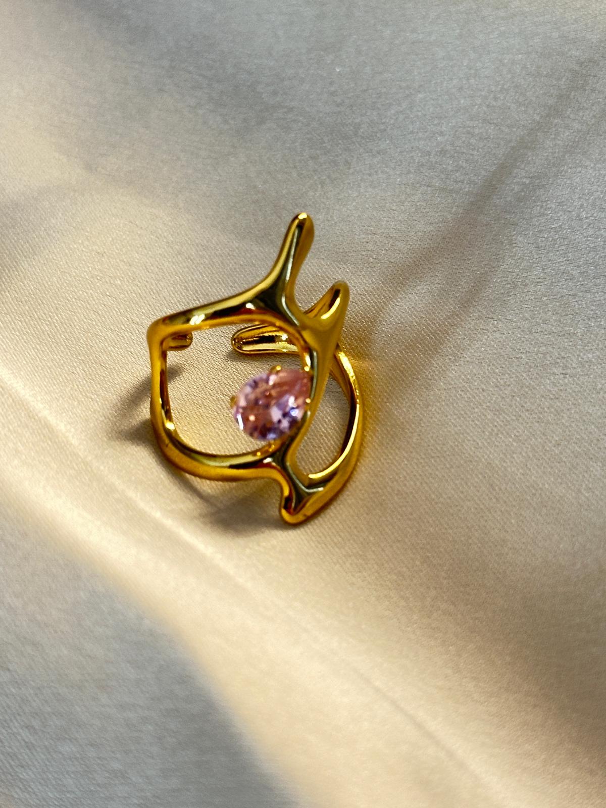 Abstract Gold-Plated Adjustable Finger Ring with Pink Stone