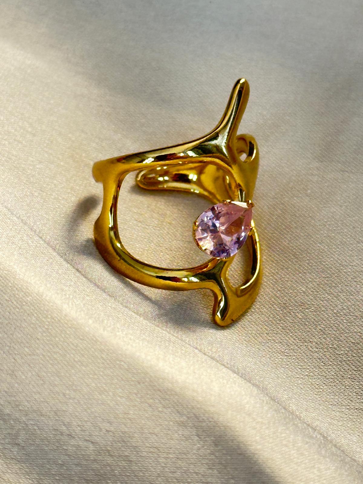 Abstract Gold-Plated Adjustable Finger Ring with Pink Stone