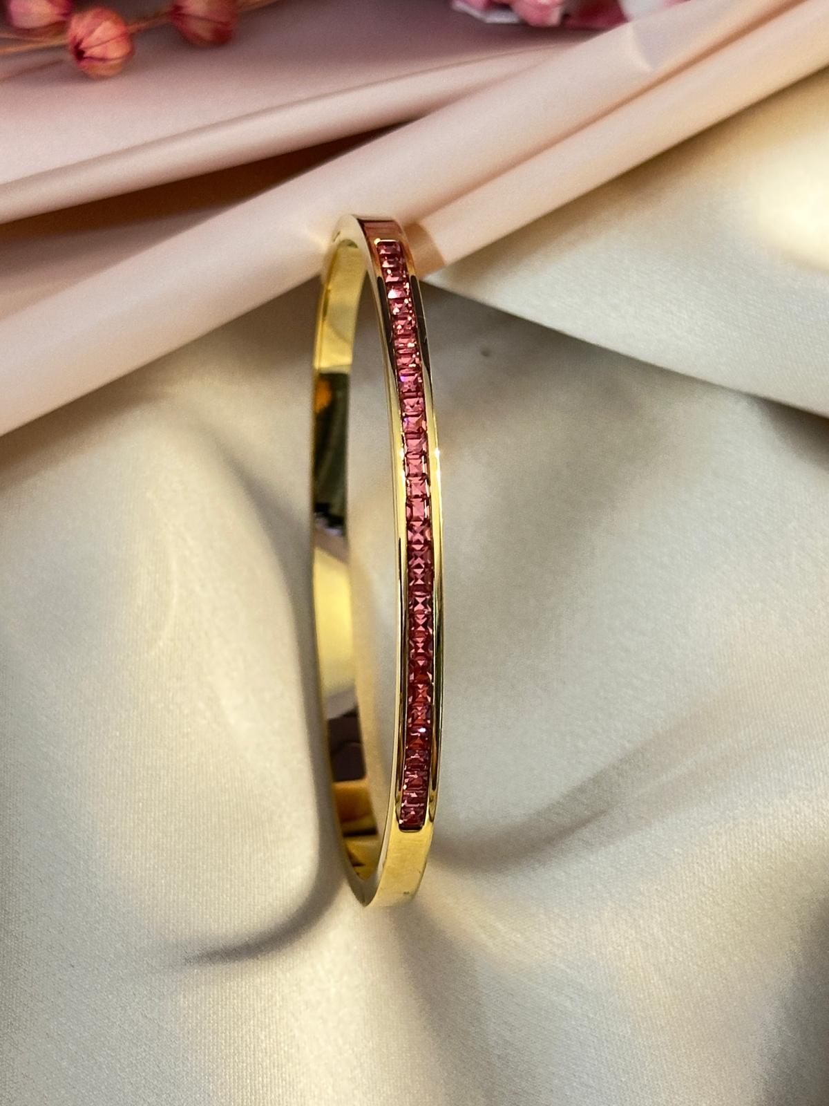 Premium Gold-Plated Pink Glass Stone Studded Sleek Bracelet