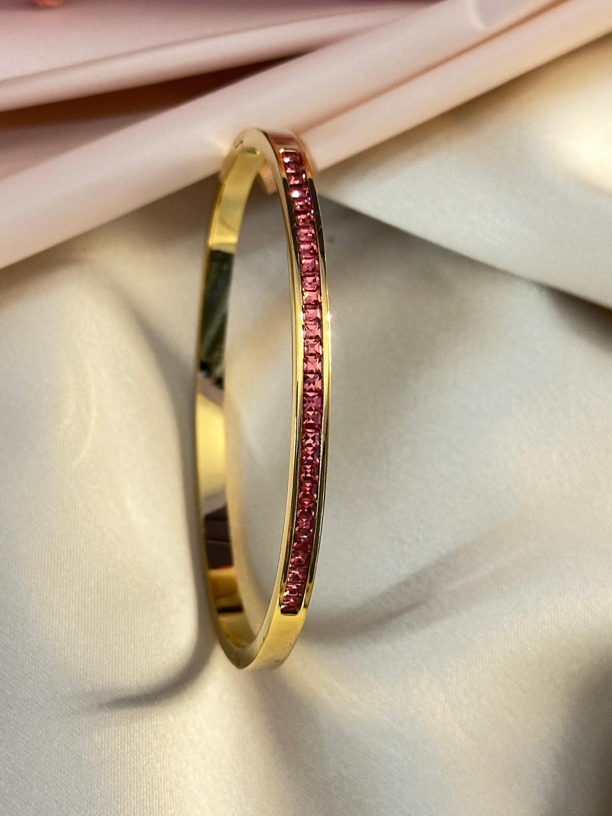 Premium Gold-Plated Pink Glass Stone Studded Sleek Bracelet