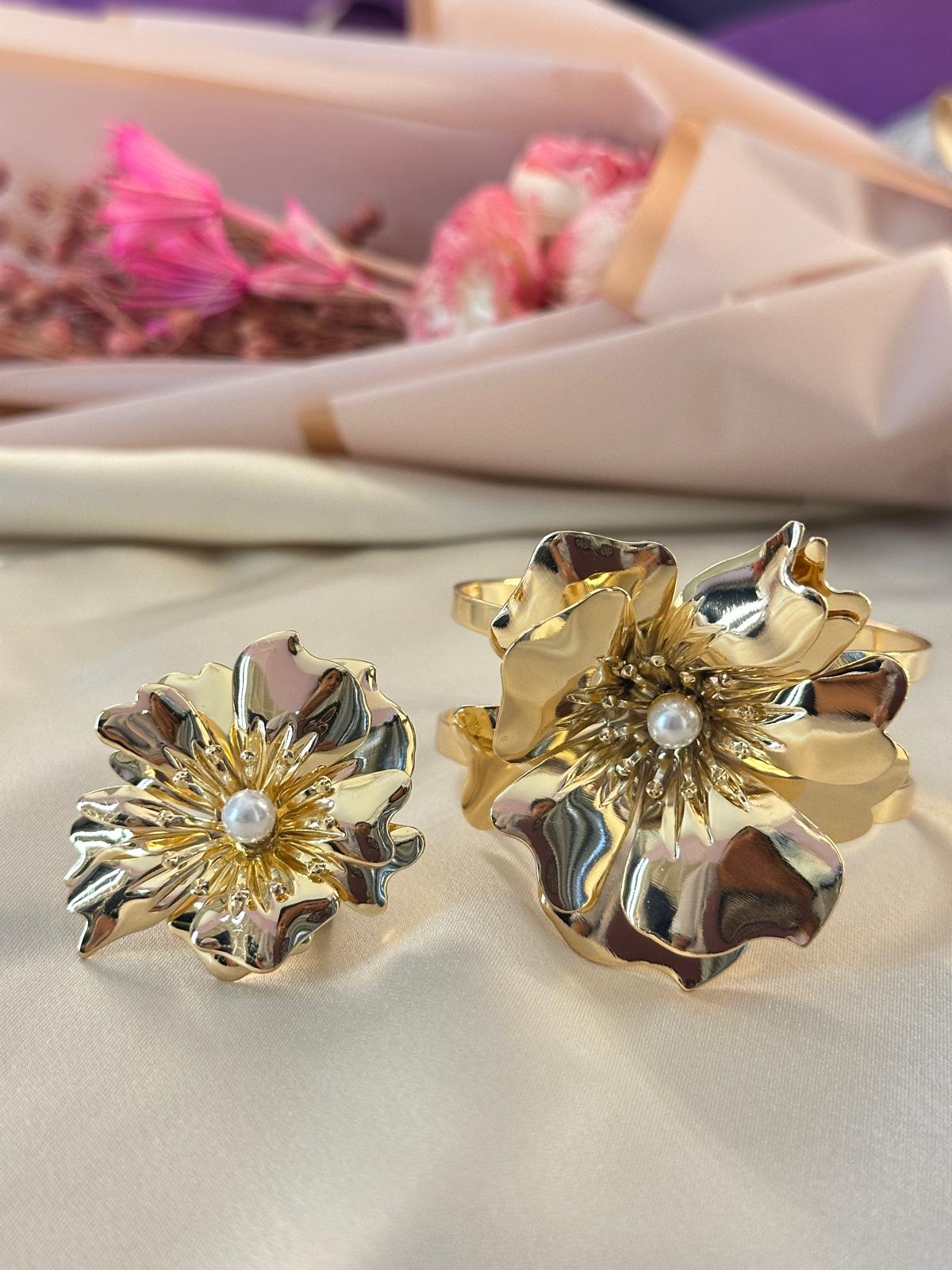 Golden Floral Bracelet with Adjustable Ring