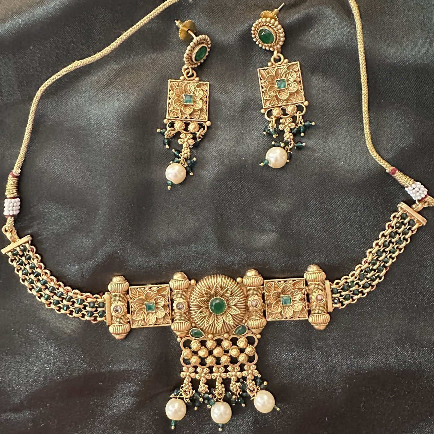 Golden Green Stone Studded Stylish Pearl Drop Choker Set with Earrings