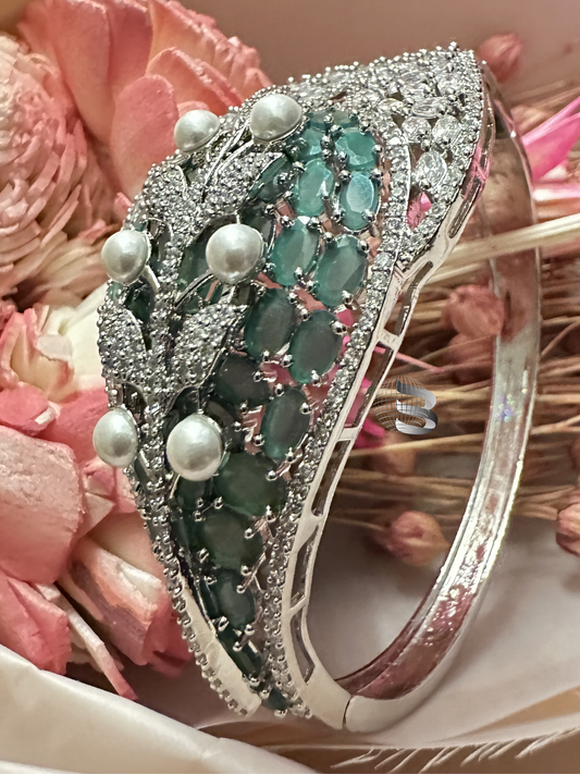 Elegant Zirconia Bracelet with Mint Stone and Pearl Studded, Silver-Toned, New Design, Elegant Statement Jewelry for Women, Wrist Accessory, Gift for Any Occasion
