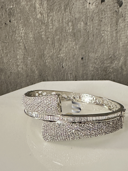 Rhodium-Plated Brass Cubic Zirconia Bangle-Style Bracelet