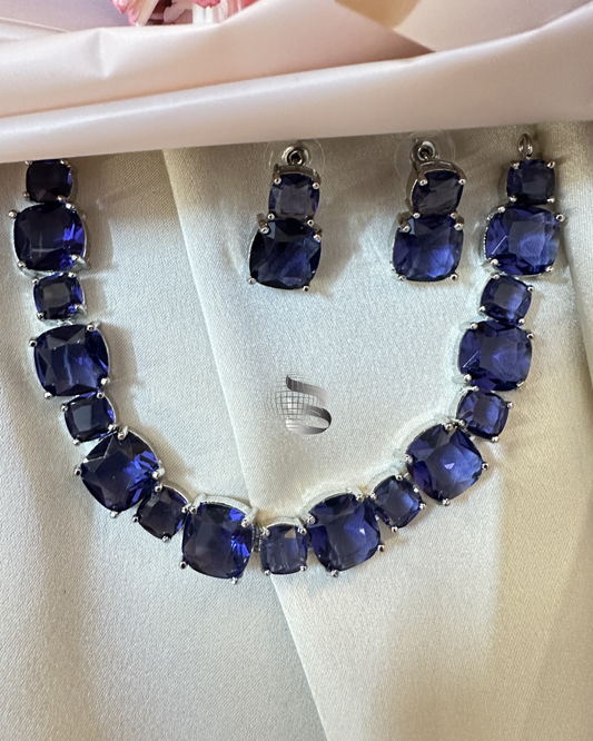 Silver Toned Square Shaped Bluish Purple Stone Necklace set