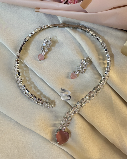 Heart Shaped Pink Stone and American Diamond Open Necklace Set