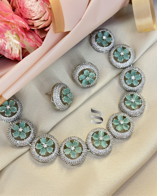 Silver Floral Nano Setting Mint American Diamond Necklace Set