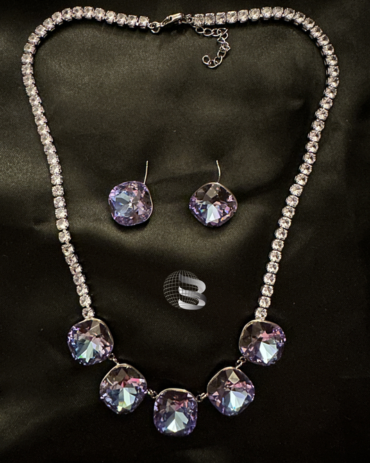 Blue Purple Square Shaped Stones studded American Diamond Necklace