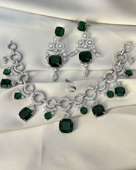 Silver Toned Emerald Stones American Diamond Necklace Set