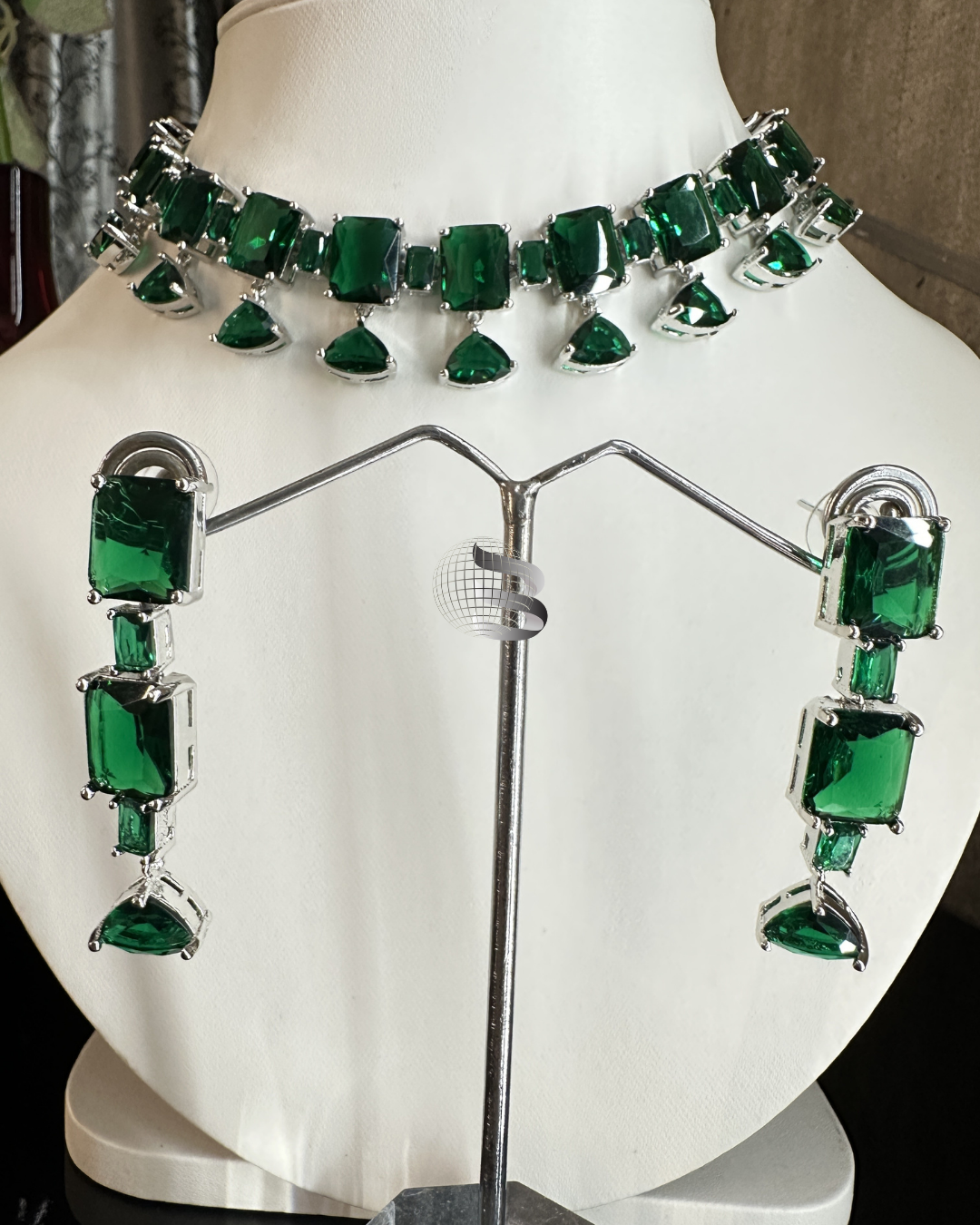 Silver Toned Emerald Square with Triangle Drops Necklace Set