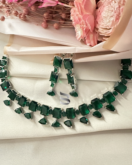 Silver Toned Emerald Square with Triangle Drops Necklace Set