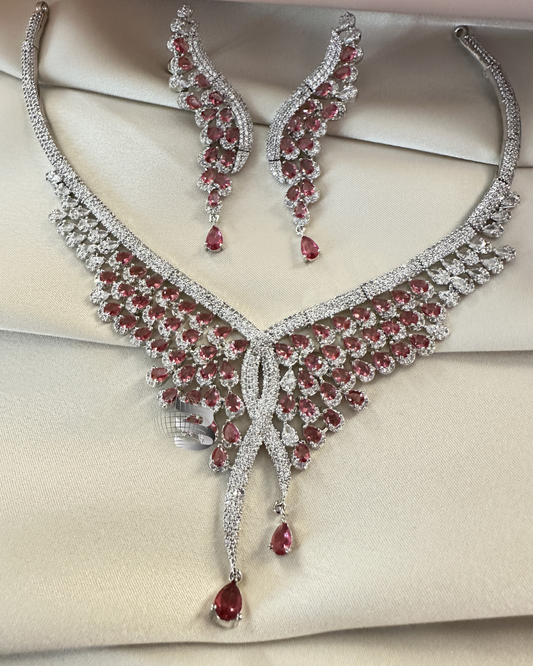Dark Pink American Diamond Necklace Set